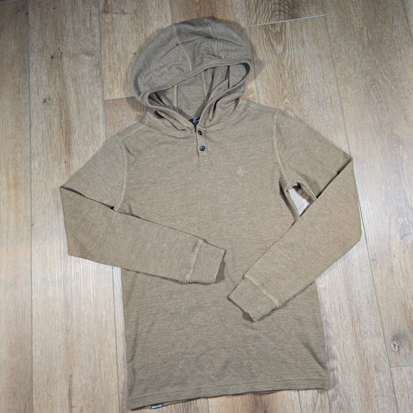 Volcom Hoodie Boys Size 10Y Medium Brown Waffle Knit Henley Pullover Thermal Top - Picture 1 of 8